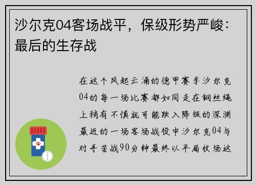 沙尔克04客场战平，保级形势严峻：最后的生存战