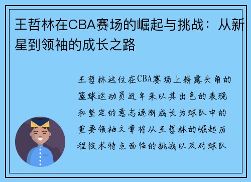 王哲林在CBA赛场的崛起与挑战：从新星到领袖的成长之路