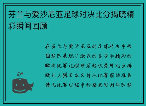 芬兰与爱沙尼亚足球对决比分揭晓精彩瞬间回顾